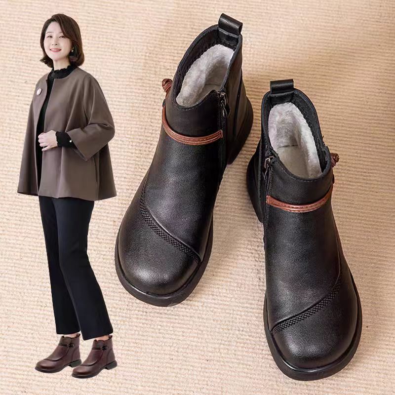 真皮加绒妈妈鞋子棉鞋羊毛保暖短靴皮鞋中老年人舒适女鞋2025冬季