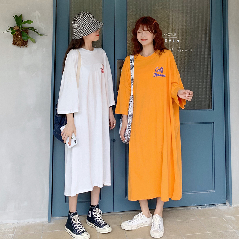 Real Korean loose large casual straight half sleeve dress short sleeve long T-shirt