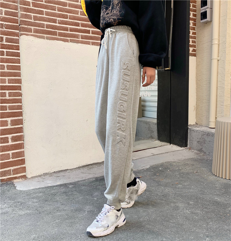 Real photo concave convex letter sports pants wide leg pants Harlem pants casual pants female