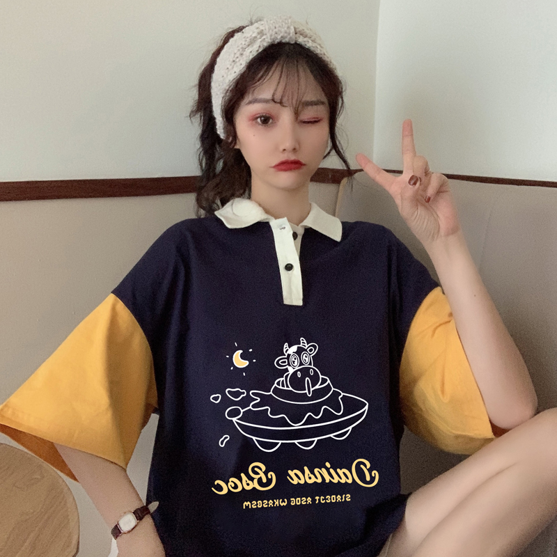 Real shot Polo Shirt Short Sleeve T-Shirt women's fashion Korean version loose contrast stitching super fire strange taste top body