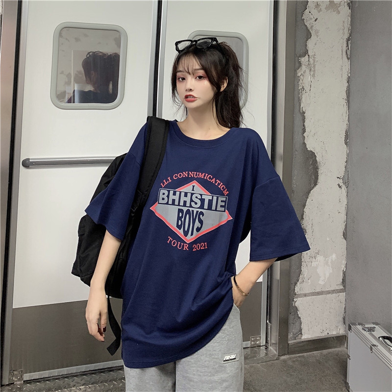 Real summer new mid long loose short sleeve Hong Kong Style European T-shirt women's half sleeve fashion