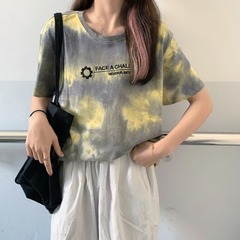 實拍 短袖t恤女中長款高街扎染上衣潮