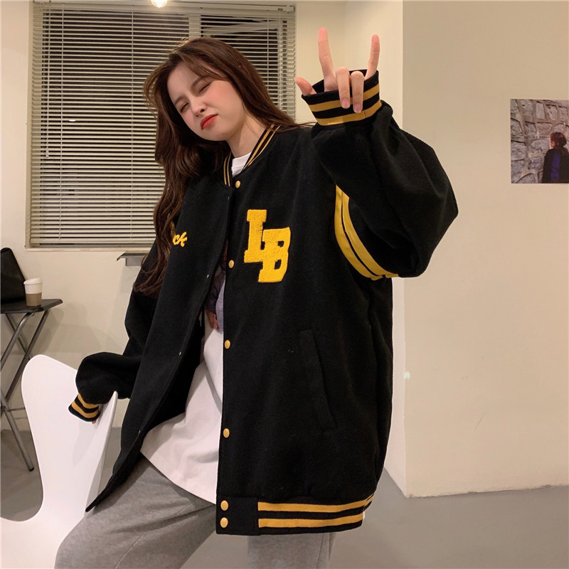 Real shot composite fleece fabric autumn and winter new embroidered sweater coat women's Plush thickened loose baseball uniform