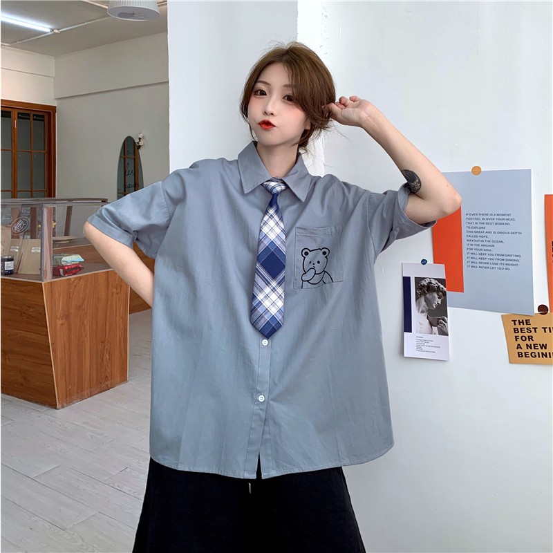 實拍 日系學院風文藝可愛小熊印花口袋寬鬆短袖襯衫少女