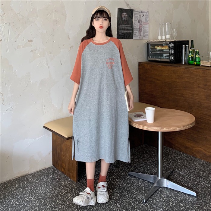 Real shot summer Korean knee length short sleeve women's mid length lazy loose T-shirt dress