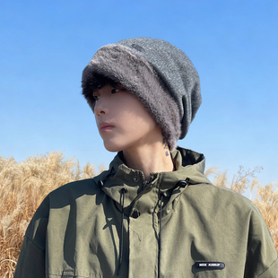 2025新款冬季毛绒帽子男款加厚保暖护耳帽户外防寒针织套头堆堆帽