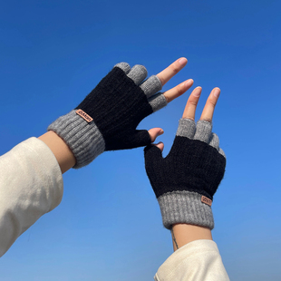 半指手套男秋冬季新款加厚保暖针织毛线骑车防寒学生写字露指手套