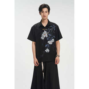 衬衫 夏 短袖 DIBINSAI「栀子花诗」新中式 中国风印花图案设计衬衣