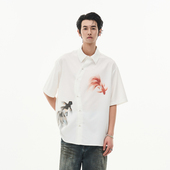 DIBINSAI 印花图案纯棉宽松衬衣 衬衫 「云鱼拾月」新中式 国风短袖