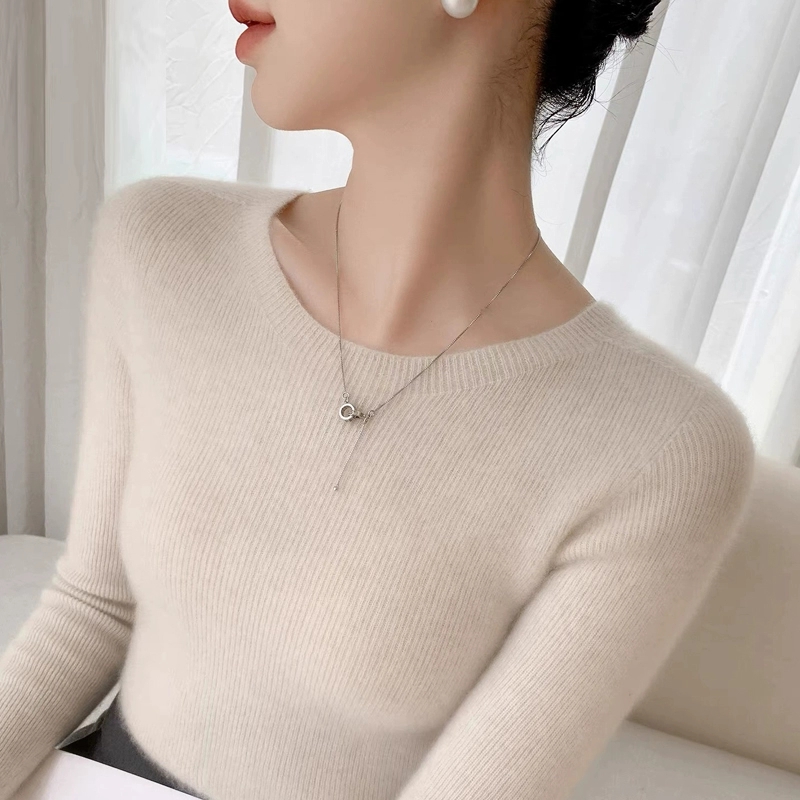 极简轻熟女圆领修身长袖羊绒衫