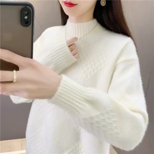 秋冬女士加厚羊绒衫 保暖半高领纯色宽松水貂绒时髦百搭纯羊毛线衣