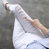 乞丐裤 子2025年春秋新款 女高腰显瘦弹力九分小脚裤 白色破洞牛仔裤