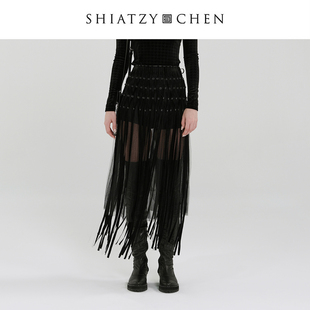 SHIATZY 夏姿·陈25年冬无边系列绒布织带流苏半裙659682 CHEN