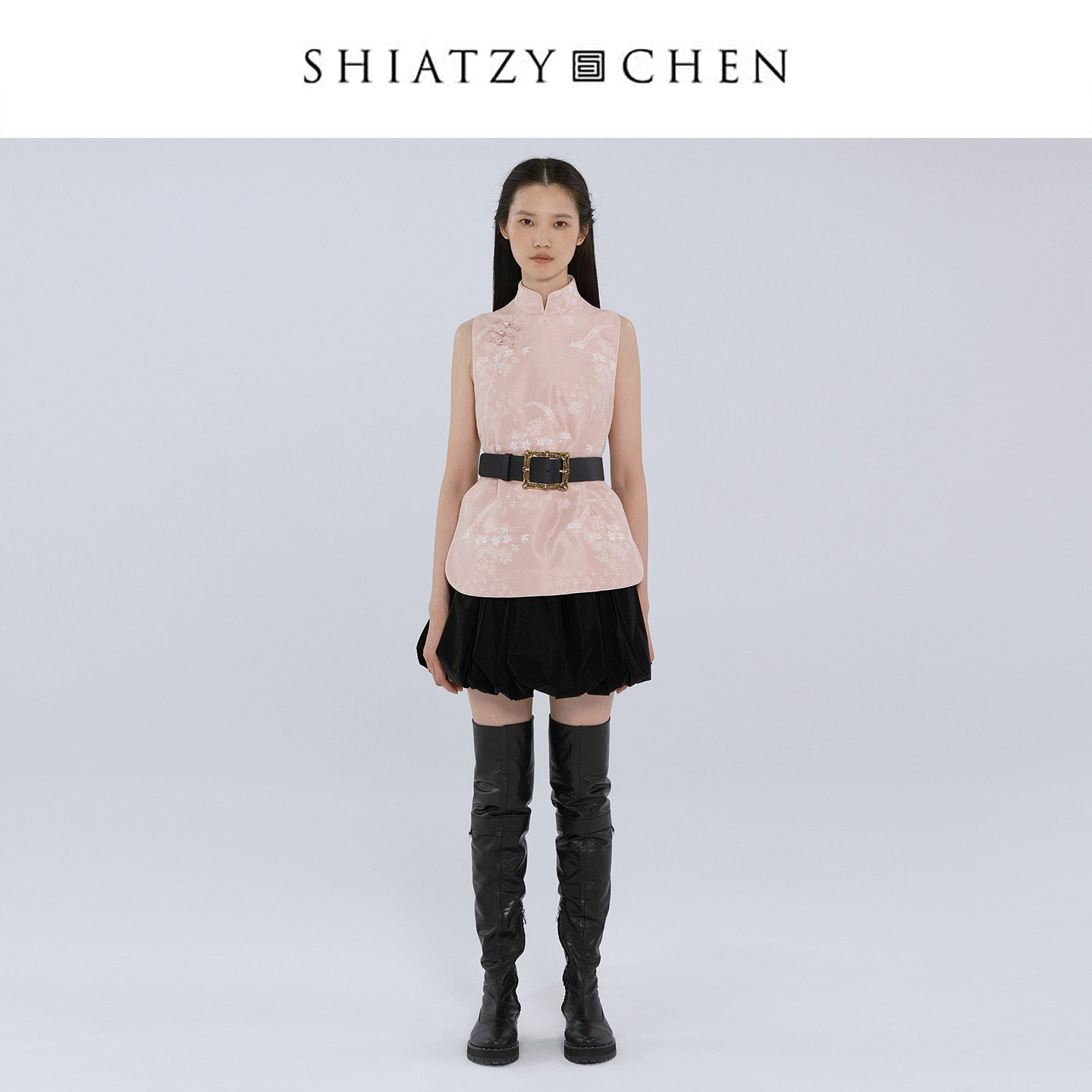 SHIATZY CHEN/夏姿·陈25年秋曲境系列丝质缎布哑光提花斜襟背心
