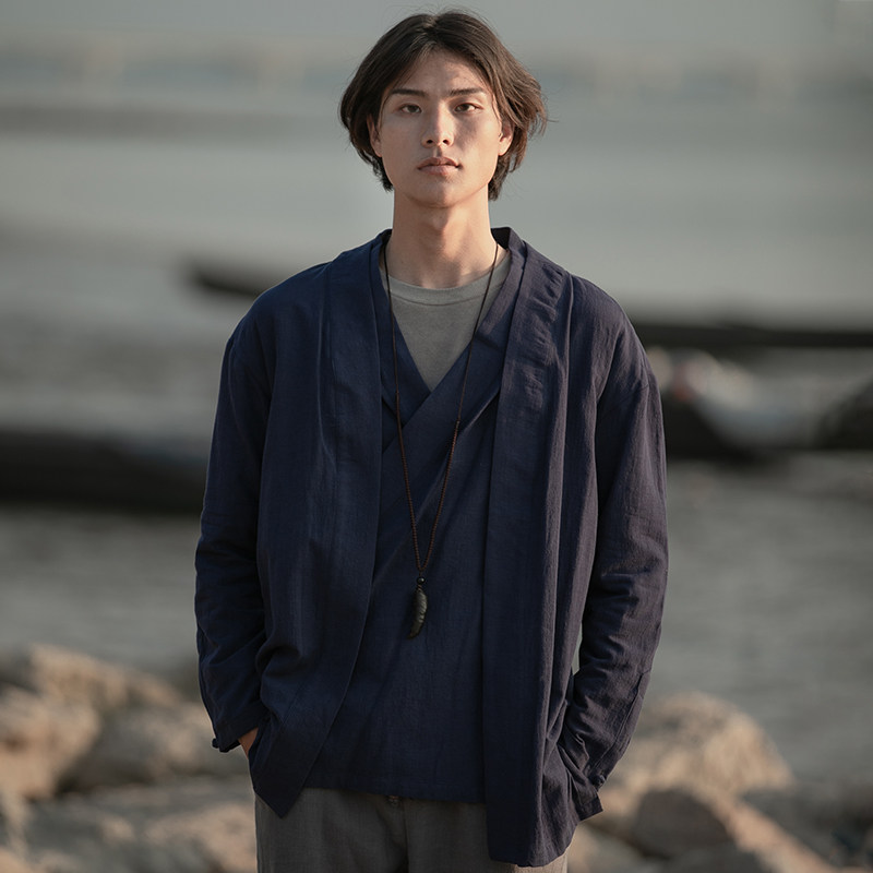 중국 스타일 복고풍 HANFU 봄과 여름 도교 가운 가디건 당나라 정장 남성 청소년 민족 스타일 가짜 투피스 카디건 망토