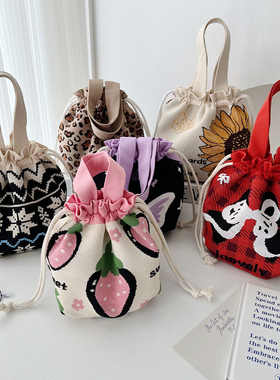 春季新款多巴胺针织手提包抽绳包时尚节日礼品袋女大容量手拎包