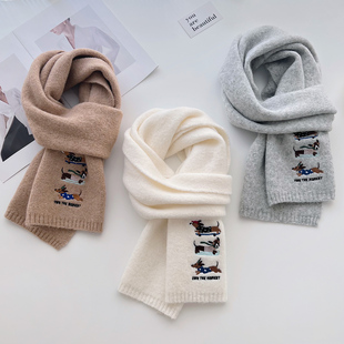 2025新款可爱腊肠狗刺绣羊毛针织围巾男女秋冬保暖百搭情侣围脖