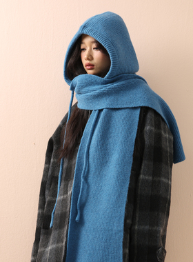 日韩2025新款热销羊毛帽子围巾一体针织披肩秋冬保暖加厚防风连帽