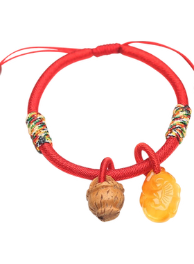 蜜蜡桃核儿童防惊吓本命年红绳