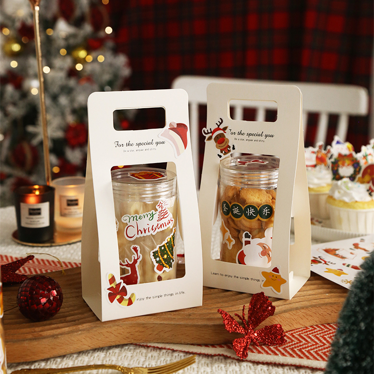 圣诞节手工曲奇饼干包装盒牛轧糖糯米船零食密封罐透明手提塑料瓶