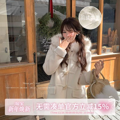 甜水仙 古早杂志大衣 白色连帽大衣夹羽绒加厚保暖宽松毛呢外套冬