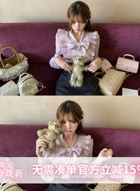 甜水仙  日剧通勤女主 重工压褶牙签褶荷叶设计衬衫女蝴蝶结上衣