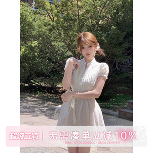 甜水仙 法國(guó)棉蕾絲花邊網(wǎng)紗蓬蓬裙天絲棉感連衣裙女裝 初戀小白花