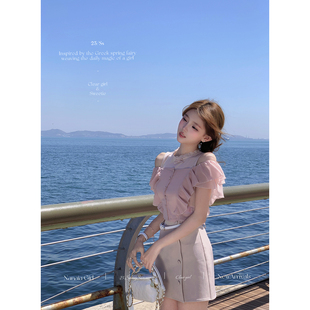 【5折特惠】清楚系教科书 雪纺上衣针织内搭防走光半裙荷叶边三件