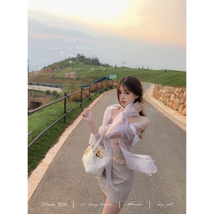 【5折特惠】日系透明肌 多种穿法光泽感欧根纱背心叠穿淡紫色衬衫