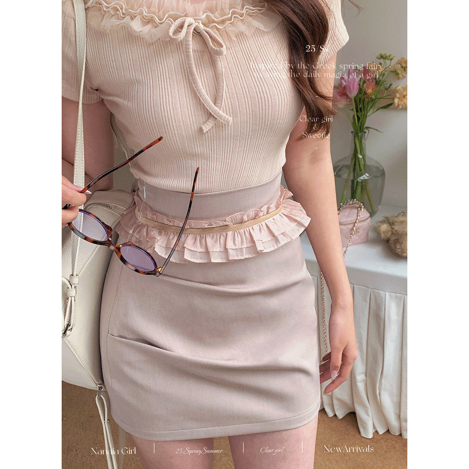 甜水仙 香槟奈奈 藕粉不规则褶皱设计显瘦半身裙温柔气质包臀短裙