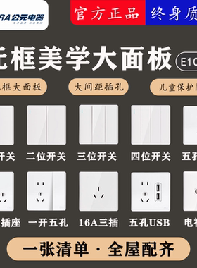 公元开关插座面板E10时尚白二三开双控 五孔插座暗装86型墙壁开关
