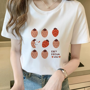 100%纯棉卡通印花T恤女夏季 上衣 新款 学生宽松休闲百搭慵懒风短袖