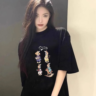 宽松中长款 美式 t恤女ins韩版 高街夏季 上衣服 潮流简约小众纯棉短袖