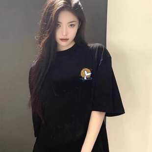 学生宽松上衣服 100%纯棉卡通黑色短袖 t恤女夏季 2025新款 ins潮韩版