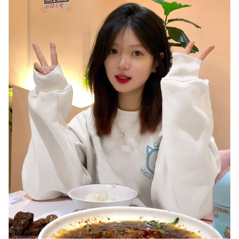 2025秋季新款圆领上衣韩版薄款宽松白色长袖不加绒女无帽卫衣印花