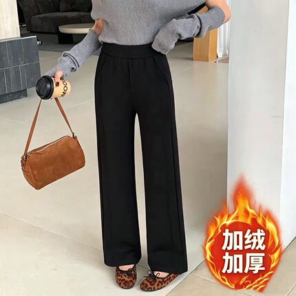 大码胖mm百搭时尚加绒保暖侧条直筒裤女秋冬新款简约休闲裤6103
