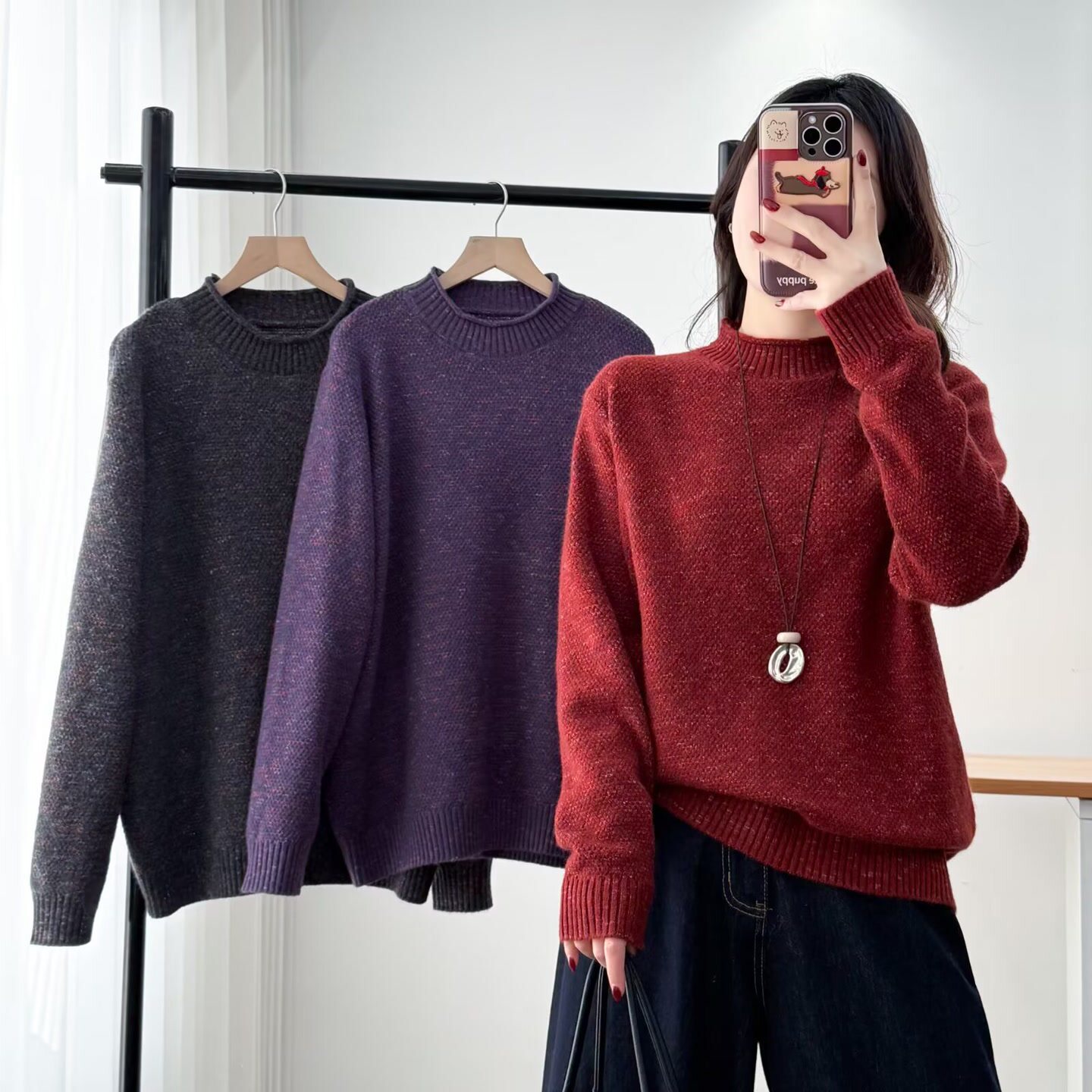 大码胖mm秋冬高级感半高领花纱针织毛衣女加厚内搭打底衫上衣833
