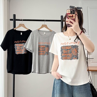 大码胖mm2026春夏新款字母印花简约短袖T恤休闲显瘦圆领上衣2605