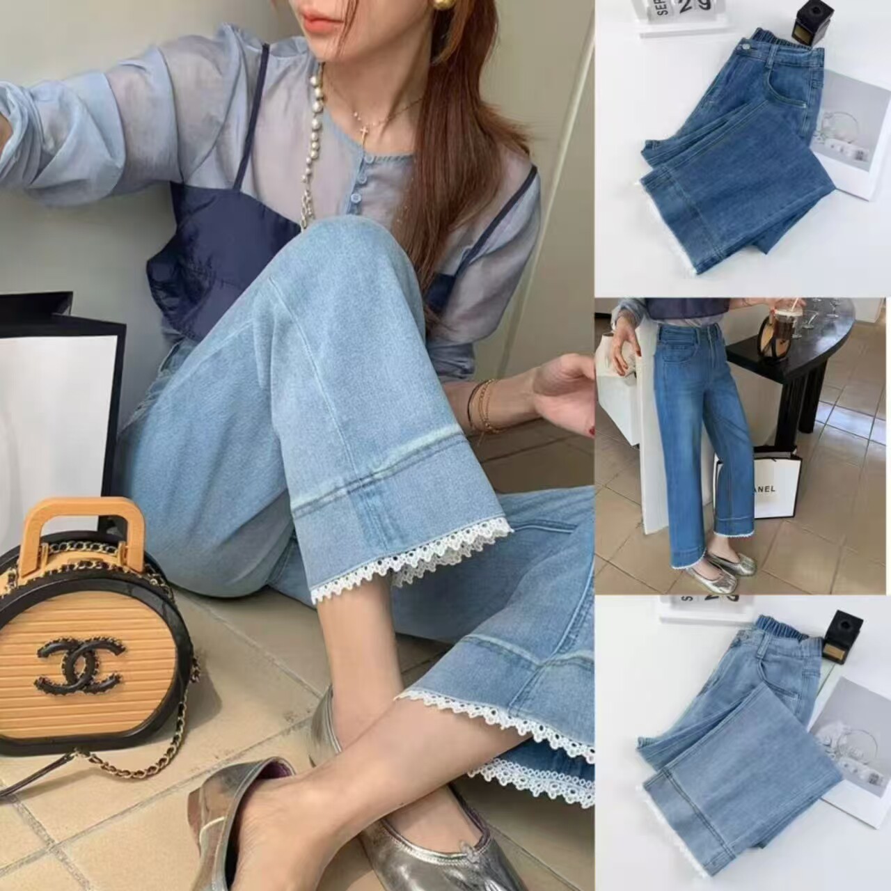 大码胖mm设计感蕾丝花边牛仔裤女春季宽松高腰弹力九分直筒裤2511
