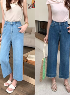 大码胖mm复古高腰显瘦绣花边直筒牛仔裤女夏季新款时尚休闲裤5102