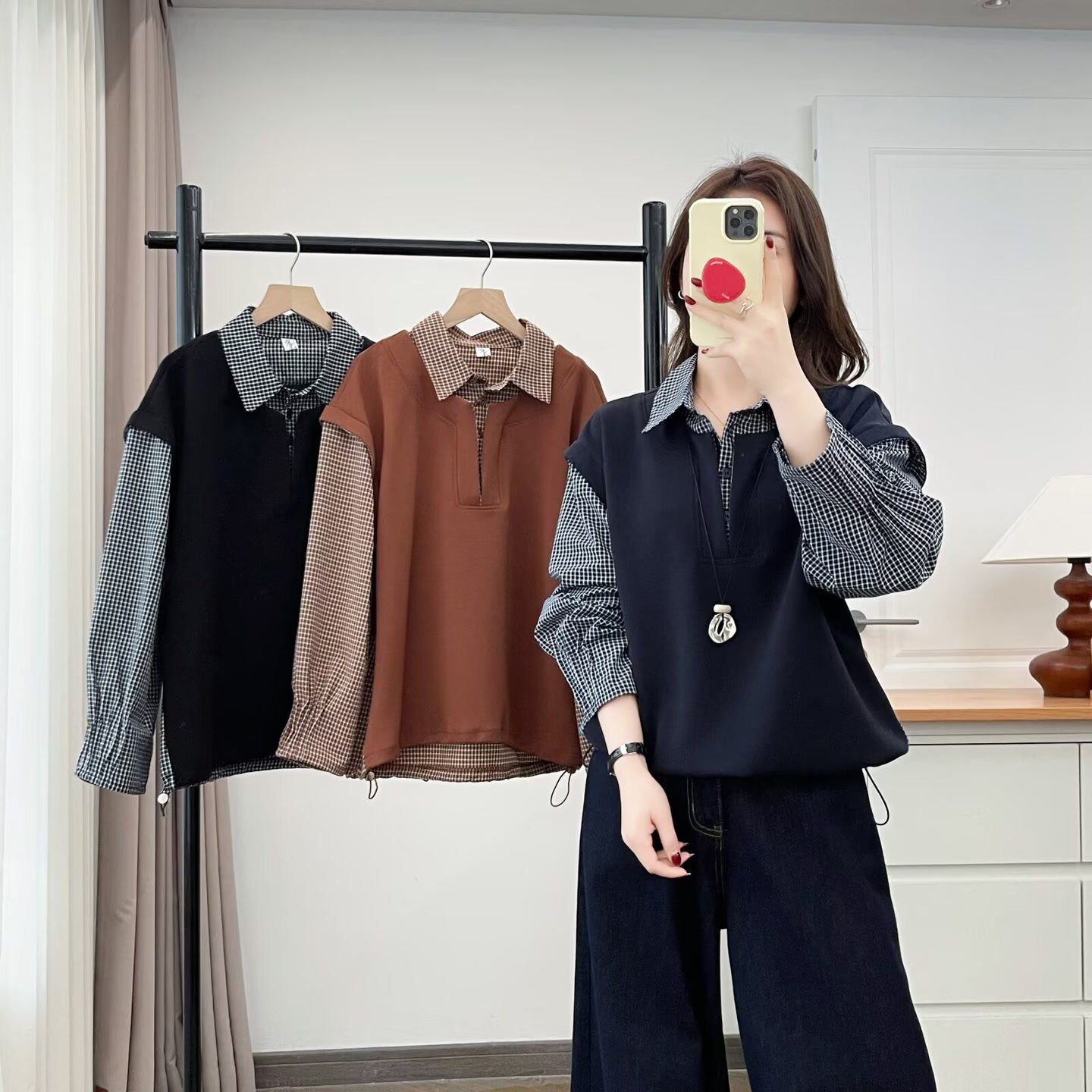 大码胖mm时尚减龄拼接假两件翻领卫衣女春季新款宽松遮肚上衣2602