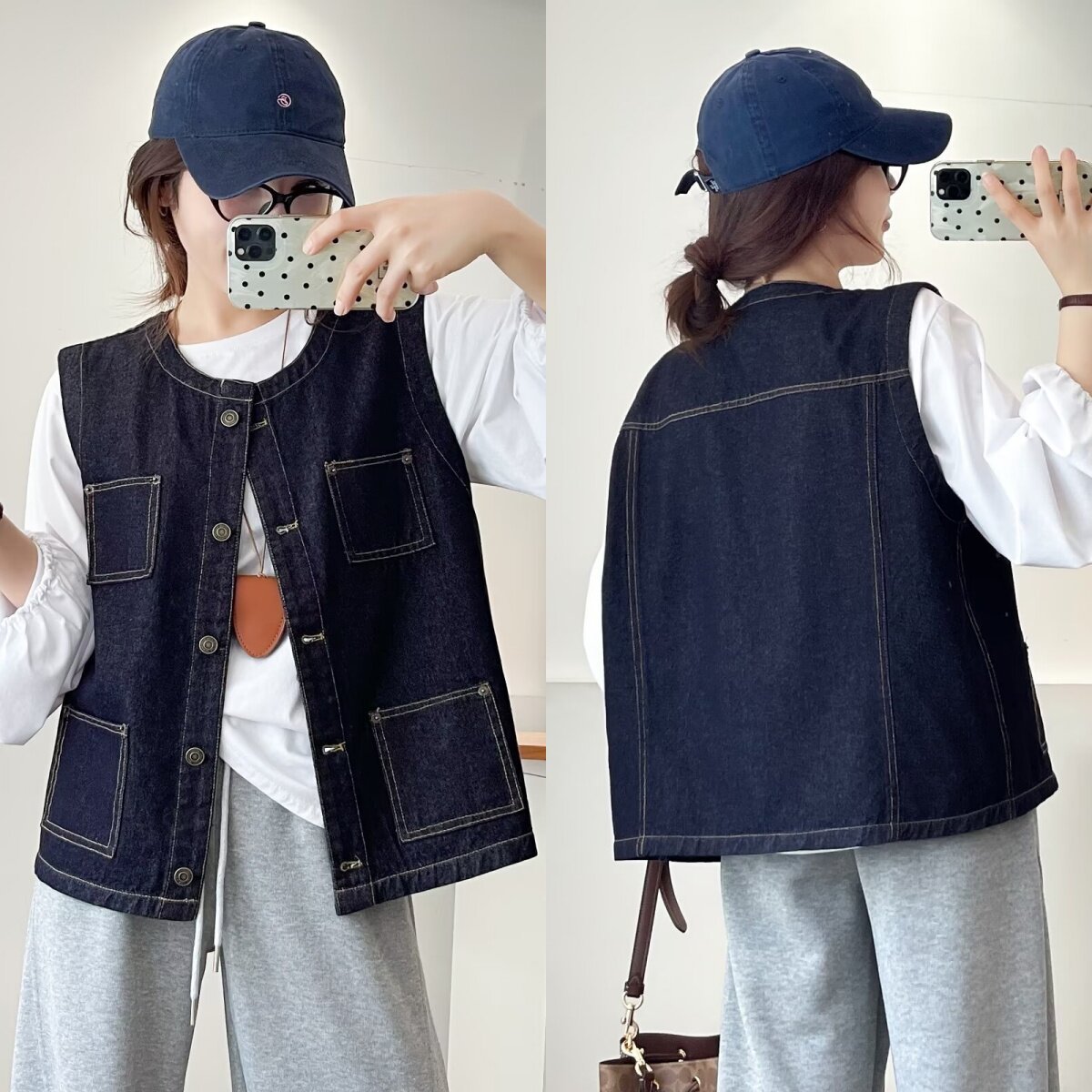 大码胖mm韩系百搭复古口袋圆领牛仔马甲女秋新款休闲洋气上衣2560