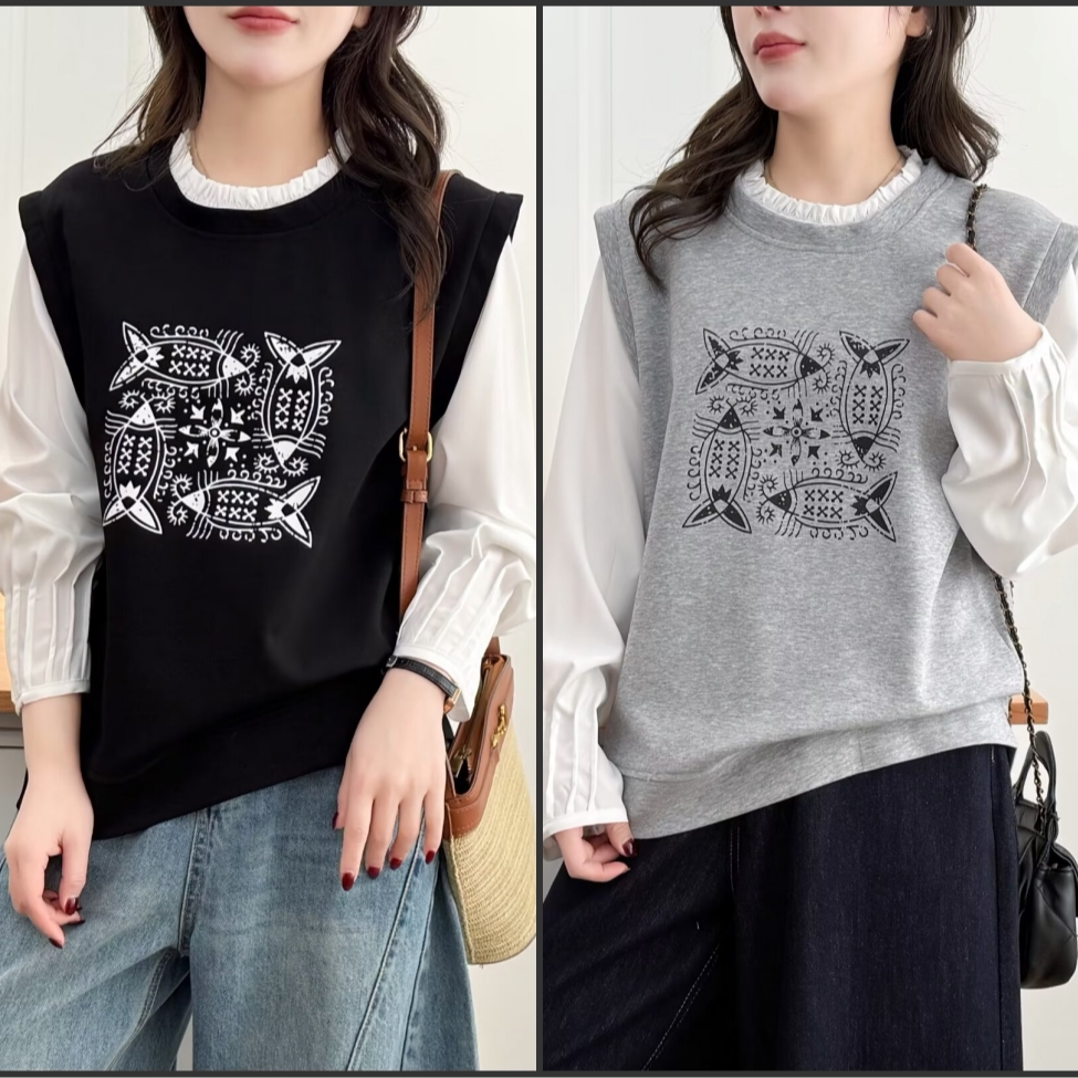 大码胖mm百搭休闲减龄印花假两件卫衣女春季新款时尚显瘦上衣2604