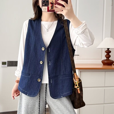 大码胖mm时尚百搭明线V领牛仔马甲女春季新款休闲显瘦叠穿马夹670
