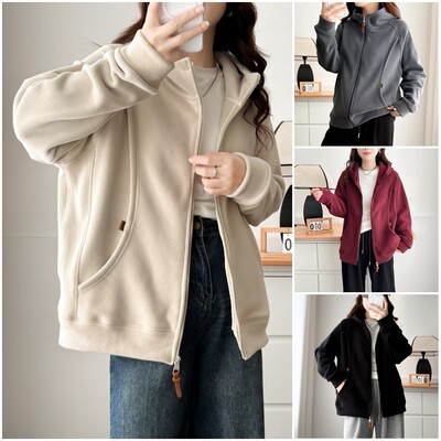 大码胖mm时尚百搭加厚奥粒绒连帽外套女秋冬新款减龄宽松休闲上衣