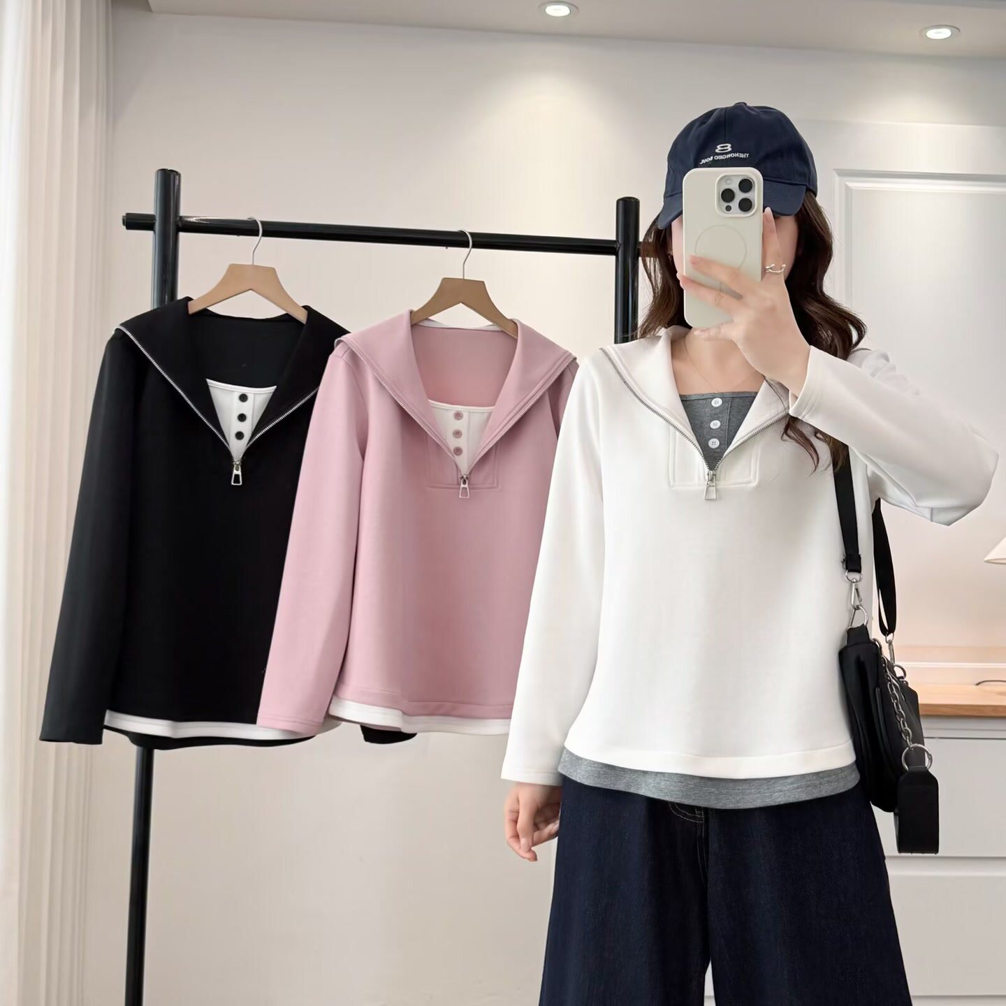 大码胖mm时尚减龄显瘦假两件海军领卫衣春季新款宽松百搭上衣2321