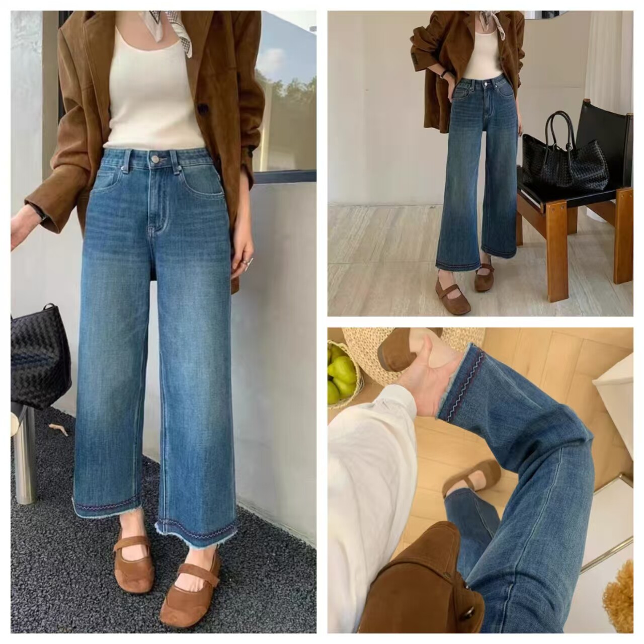 大码胖mm洋气百搭半松紧刺绣阔腿牛仔裤女夏季新款时尚休闲裤2612