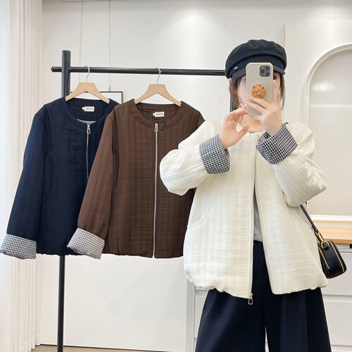 韩系百搭格子拼接圆领薄棉服外套