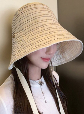 大头围防晒帽子女2026春夏季新款海边大帽檐薄款渔夫帽格纹遮阳帽