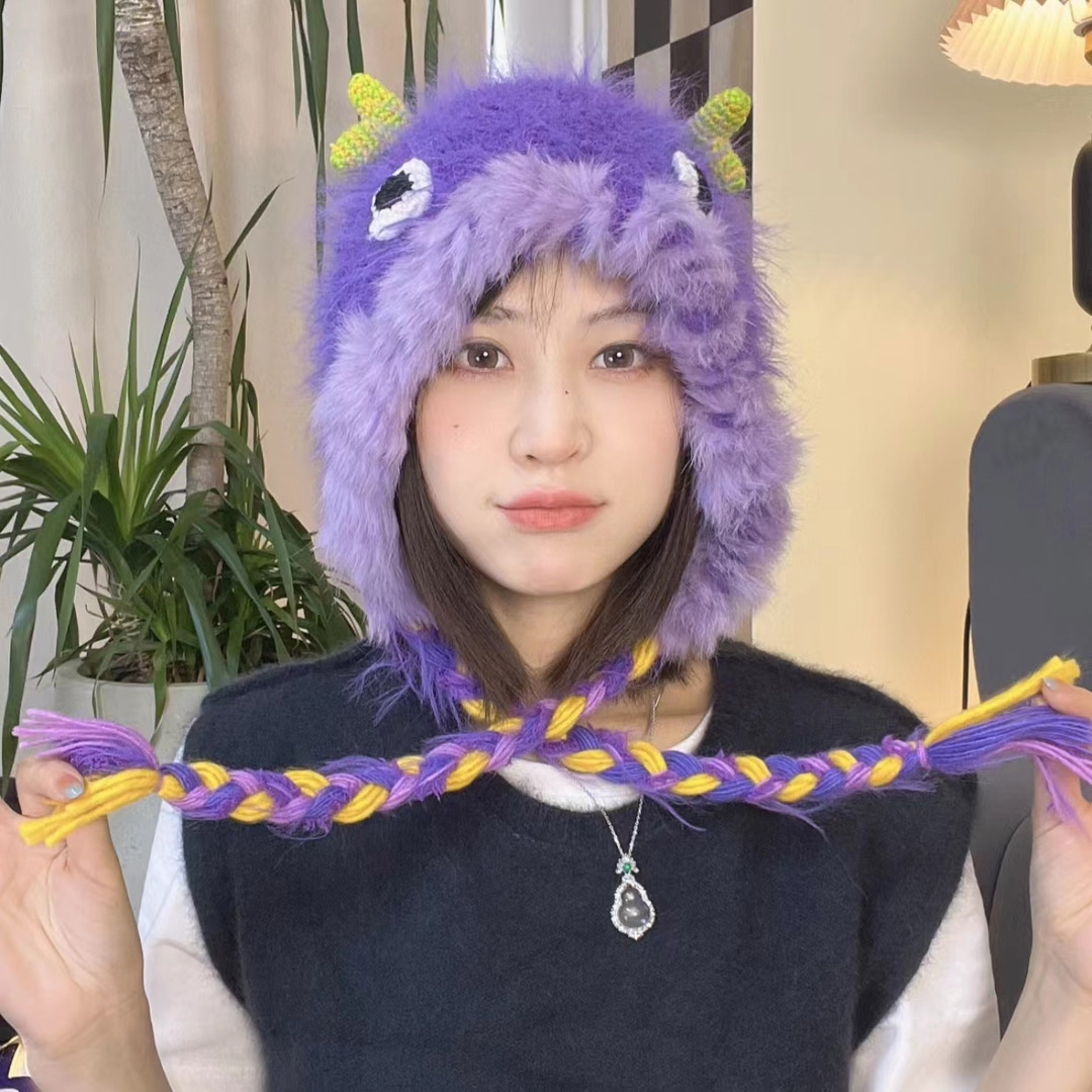 卡通小怪兽毛线帽子女秋冬季小众个性甜美可爱毛绒时尚针织雷锋帽
